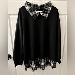 Plaid Print Drop Shoulder 2-In-1 Sweatshirt - Black and white plaid, 18/20- NWT